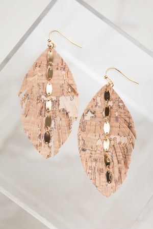 Nude Textured Feathered Earrings with Gold Chain Detail