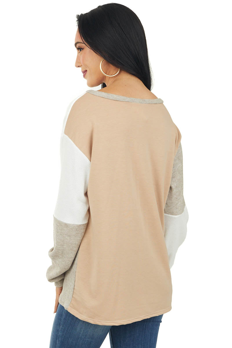 Oatmeal Colorblock Long Puff Sleeve Knit Top