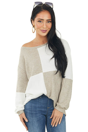 Oatmeal Colorblock Long Puff Sleeve Knit Top
