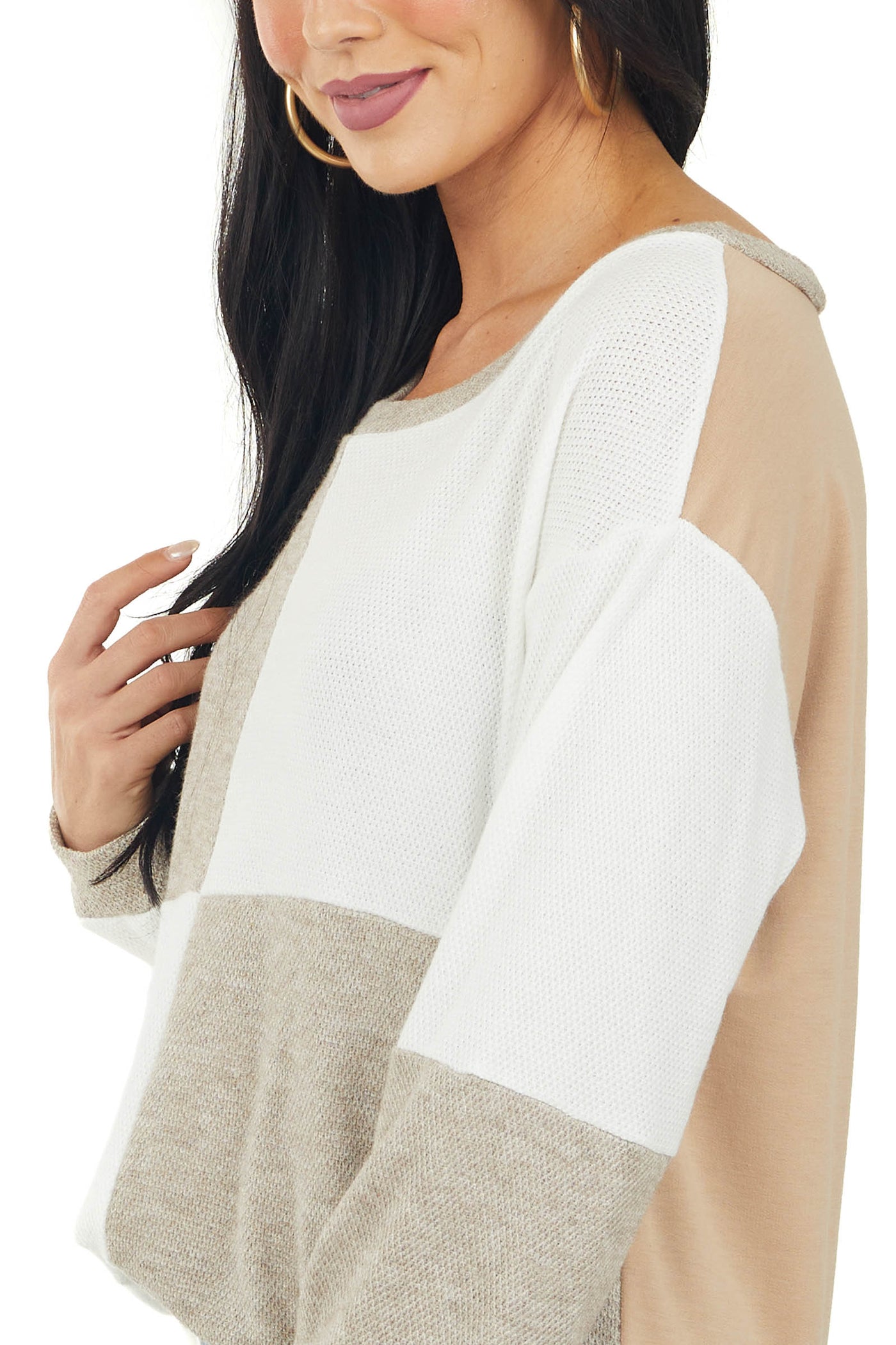 Oatmeal Colorblock Long Puff Sleeve Knit Top