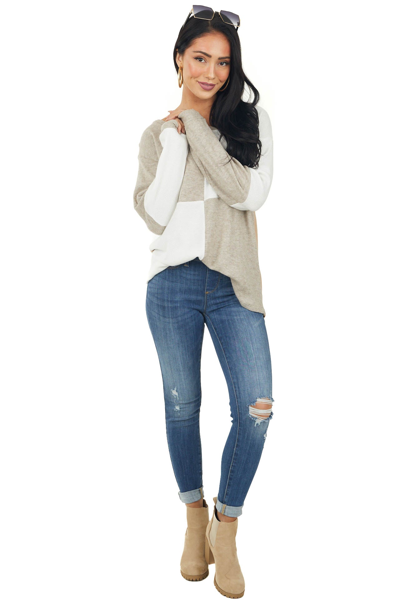 Oatmeal Colorblock Long Puff Sleeve Knit Top