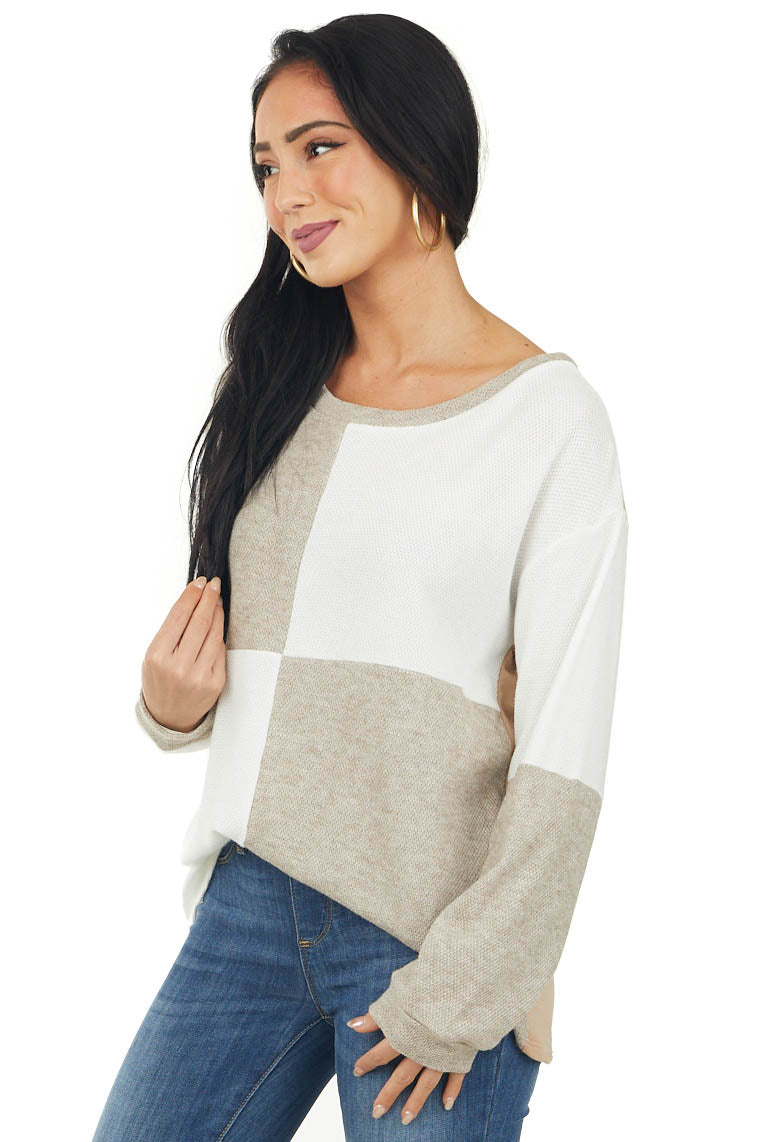 Oatmeal Colorblock Long Puff Sleeve Knit Top