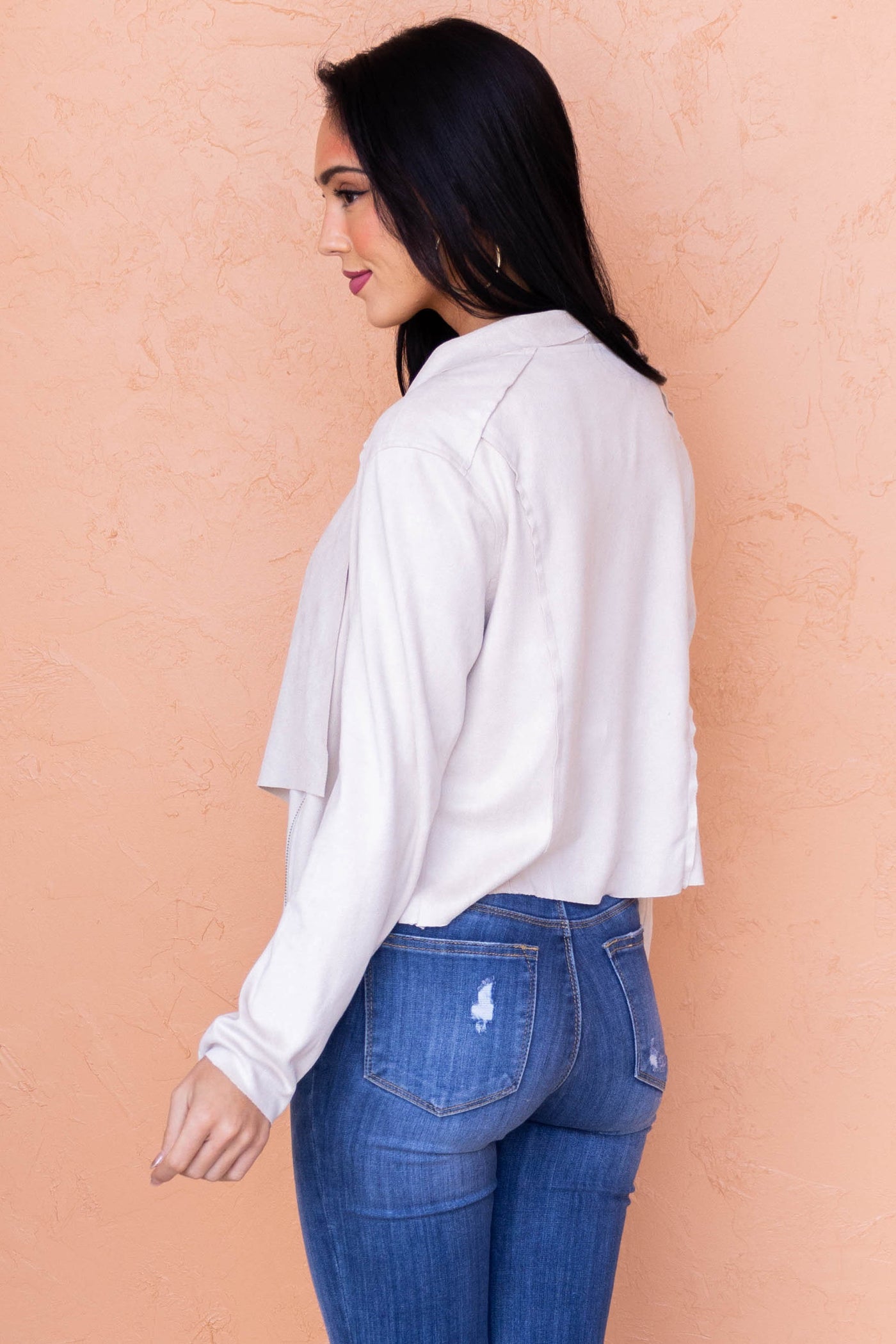 Oatmeal Faux Suede Cowl Neck Zip Up Moto Jacket