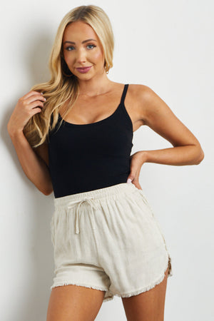 Oatmeal Frayed Trim Linen Drawstring Shorts