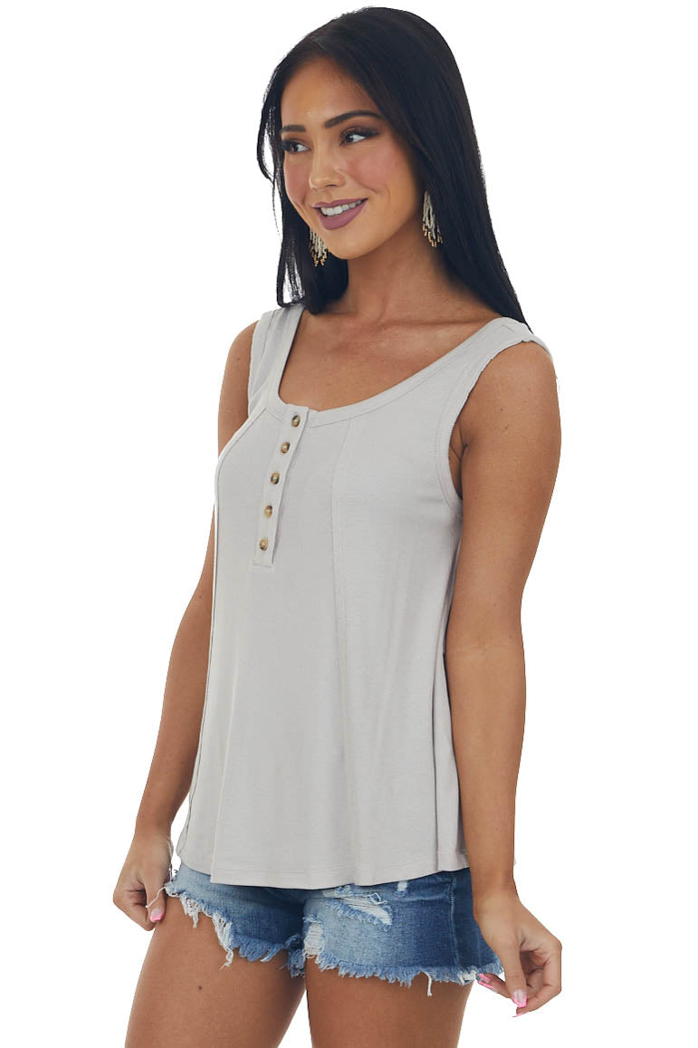 Oatmeal Henley Flowy Ribbed Knit Tank Top
