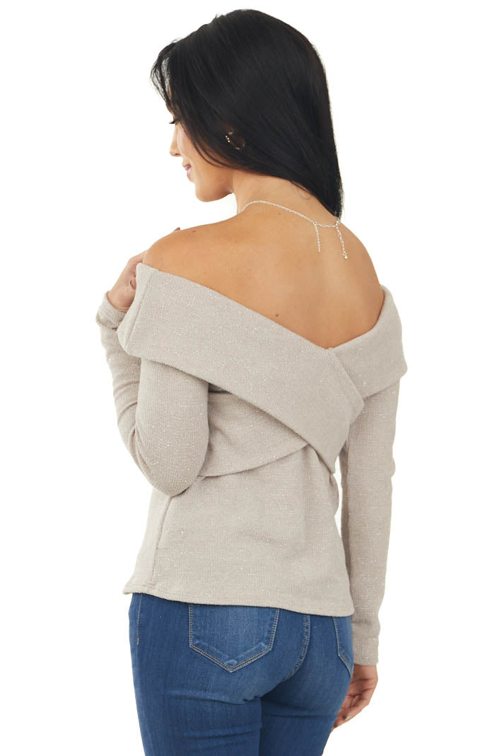 Oatmeal Metallic Threaded Off Shoulder Knit Top