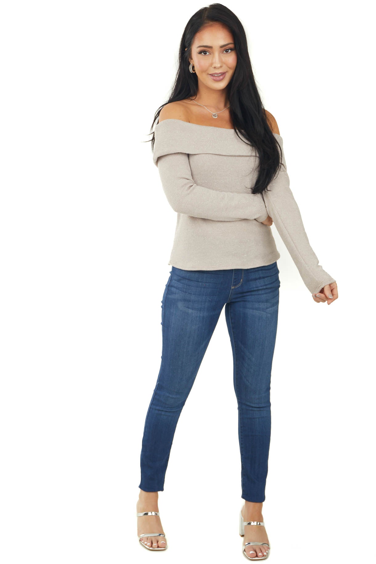 Oatmeal Metallic Threaded Off Shoulder Knit Top