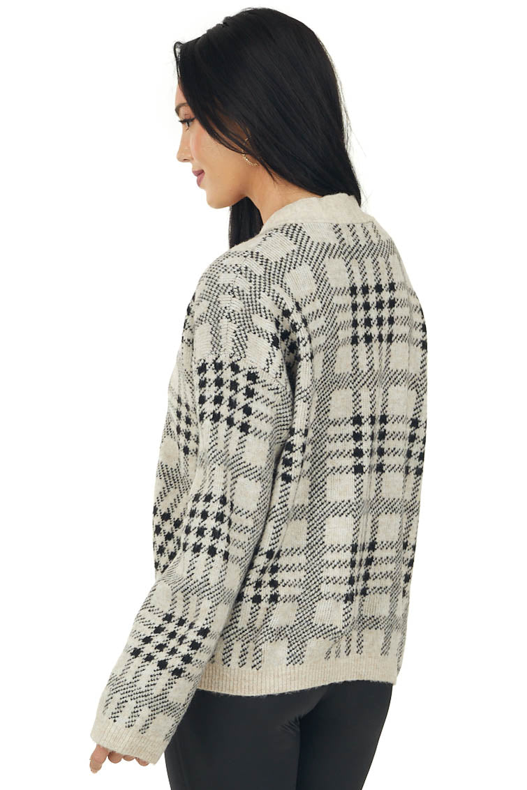 Oatmeal Plaid Button Up Sweater Cardigan