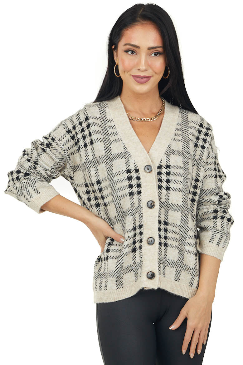 Oatmeal Plaid Button Up Sweater Cardigan