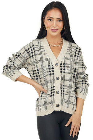 Oatmeal Plaid Button Up Sweater Cardigan