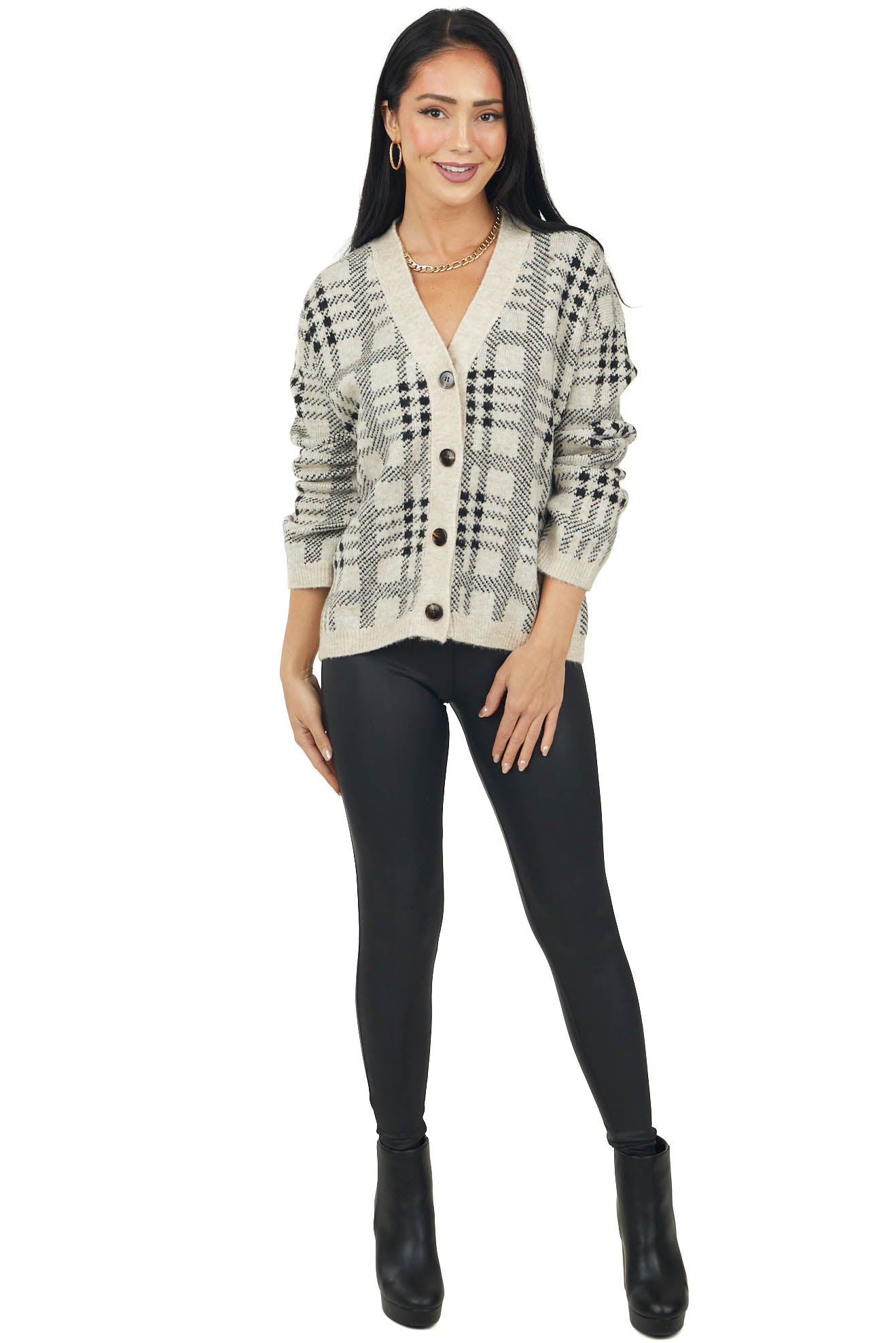 Oatmeal Plaid Button Up Sweater Cardigan