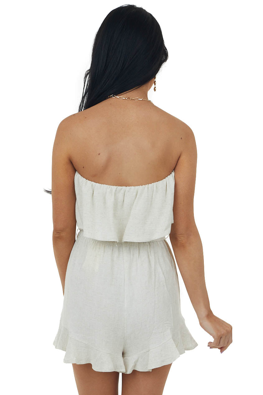 Oatmeal Strapless Ruffle Romper with Belt Tie