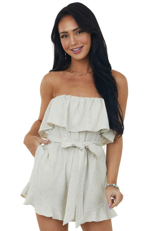 Oatmeal Strapless Ruffle Romper with Belt Tie