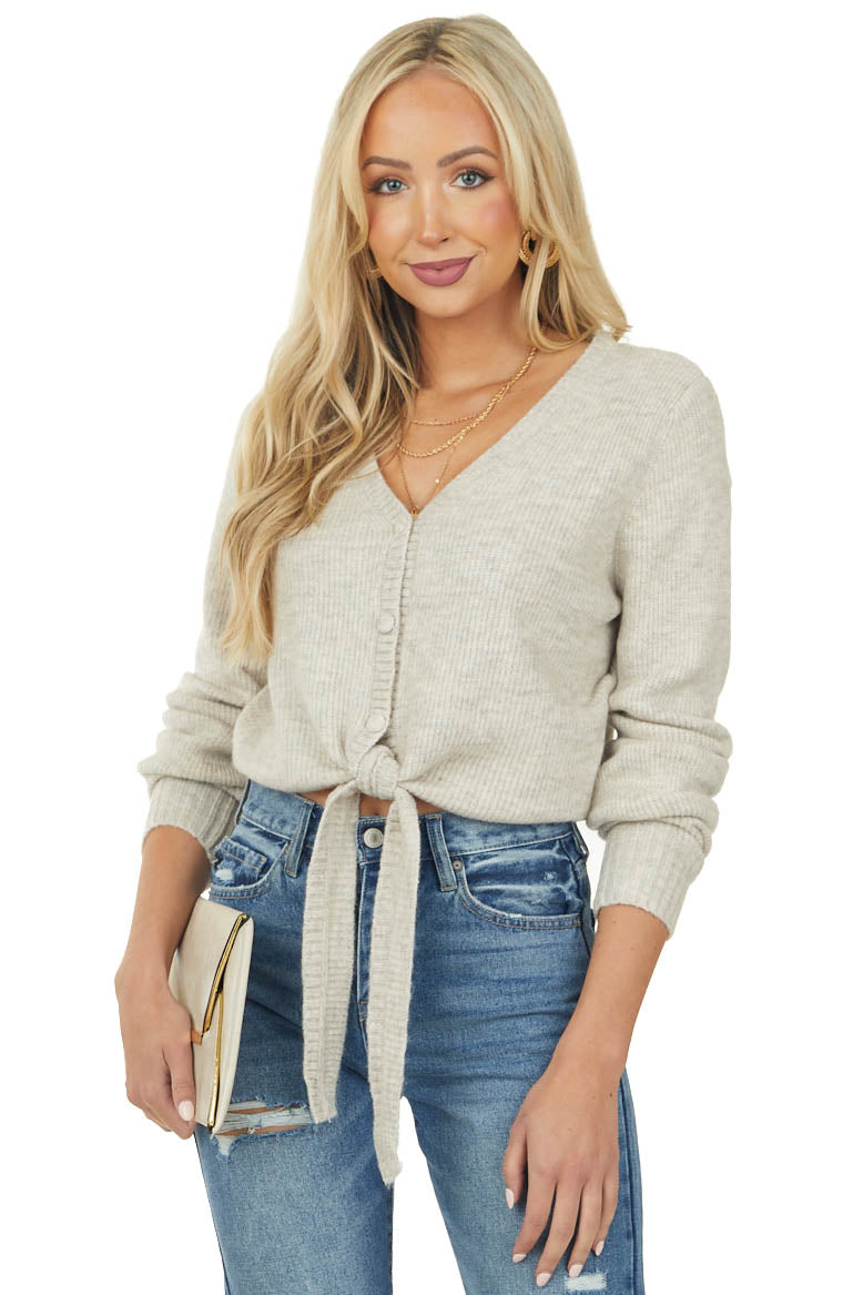 Oatmeal Two Tone Front Tie Cropped Knit Cardigan