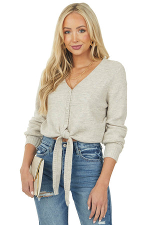 Oatmeal Two Tone Front Tie Cropped Knit Cardigan