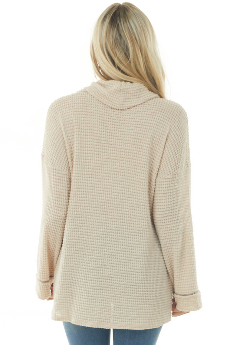 Oatmeal Waffle Knit Long Sleeve Top with Cowl Neckline
