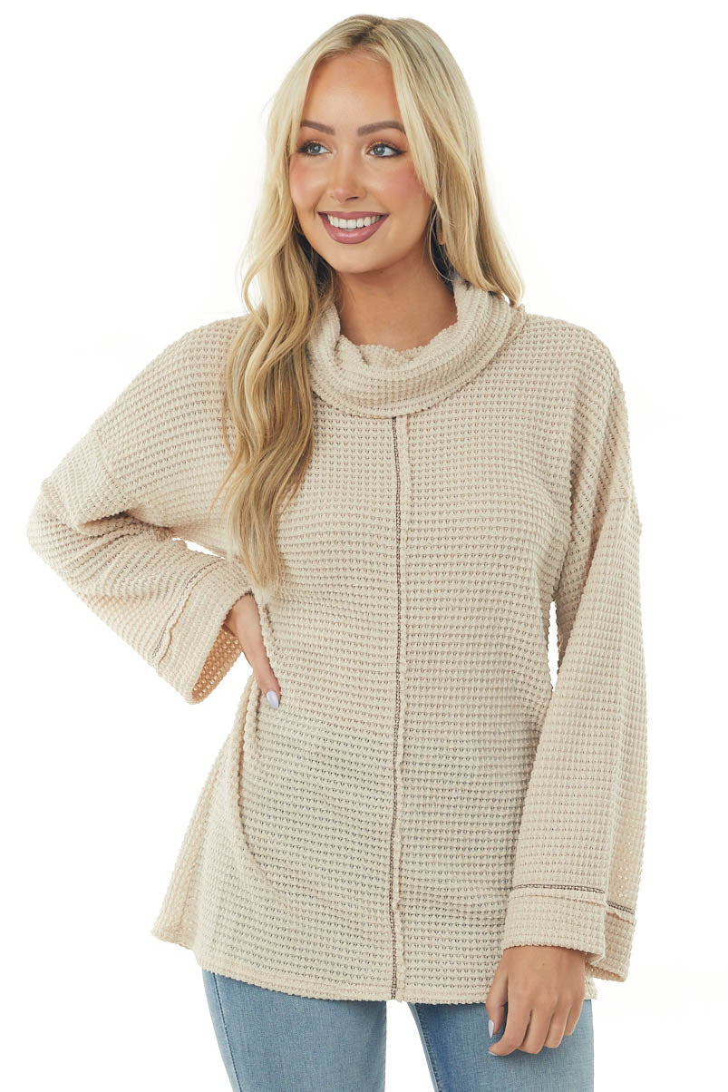 Oatmeal Waffle Knit Long Sleeve Top with Cowl Neckline