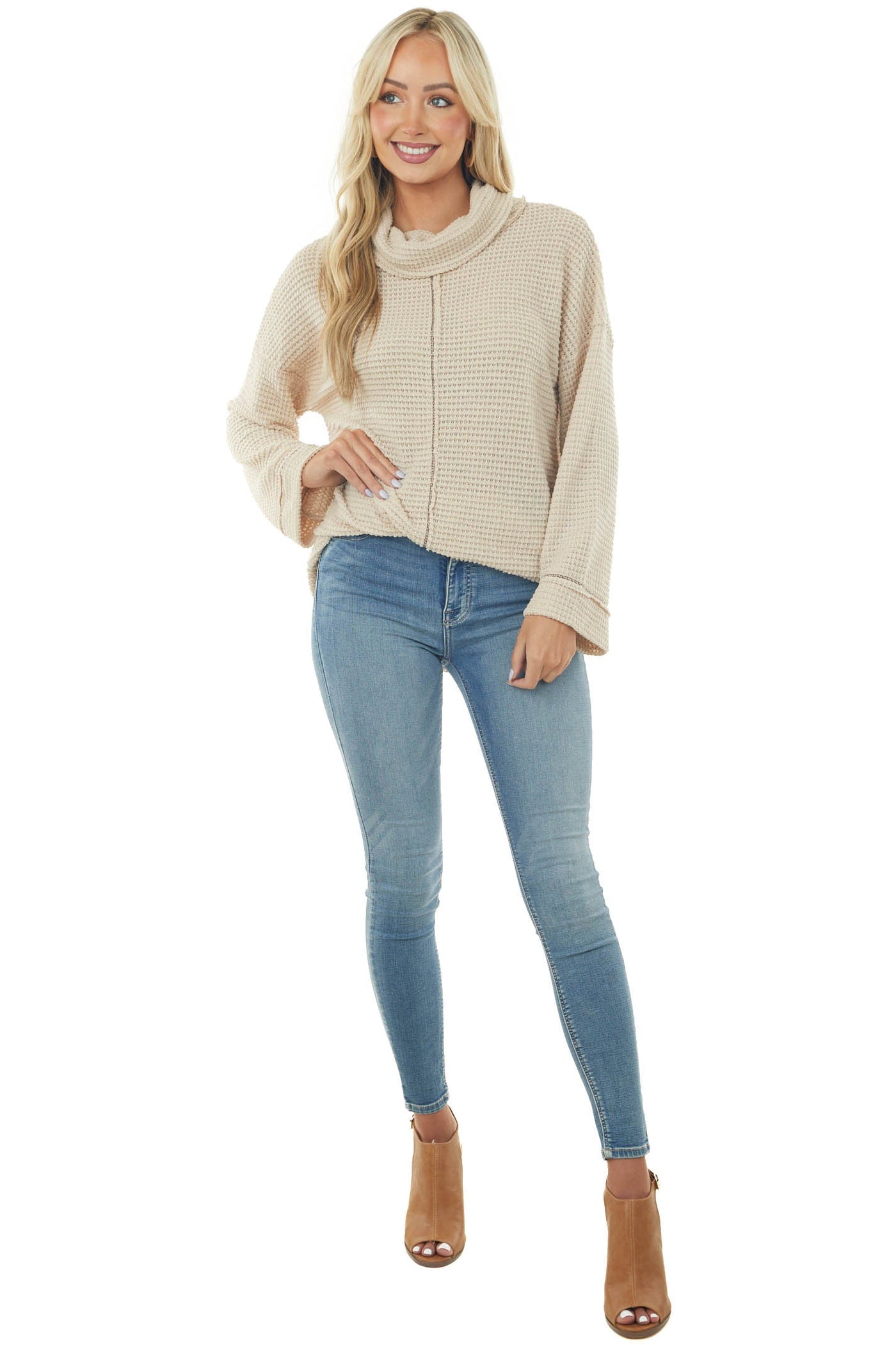 Oatmeal Waffle Knit Long Sleeve Top with Cowl Neckline