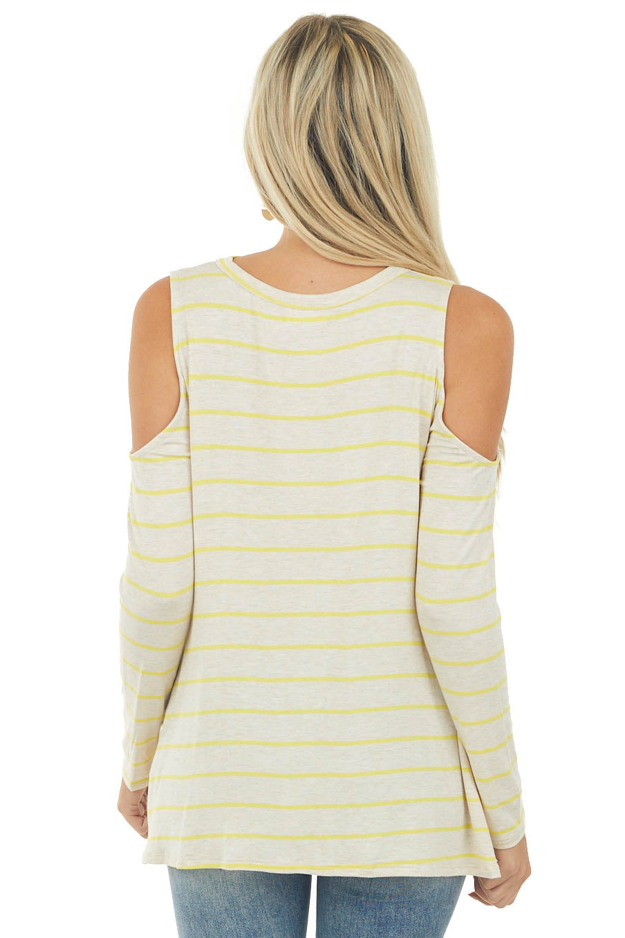 Oatmeal and Lemon Striped Cold Shoulder Top with Cutout Neck