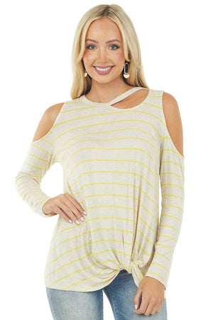 Oatmeal and Lemon Striped Cold Shoulder Top with Cutout Neck