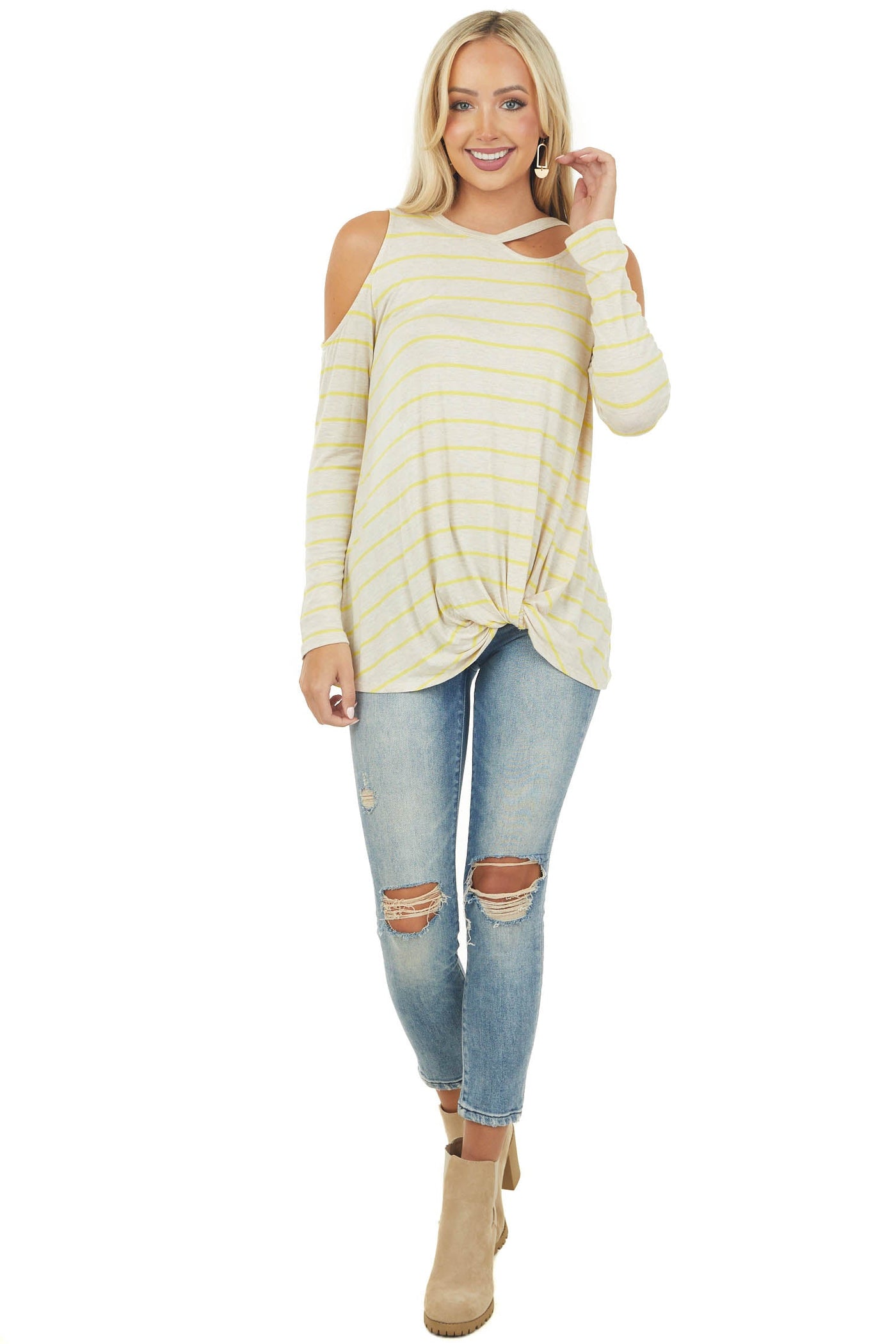 Oatmeal and Lemon Striped Cold Shoulder Top with Cutout Neck