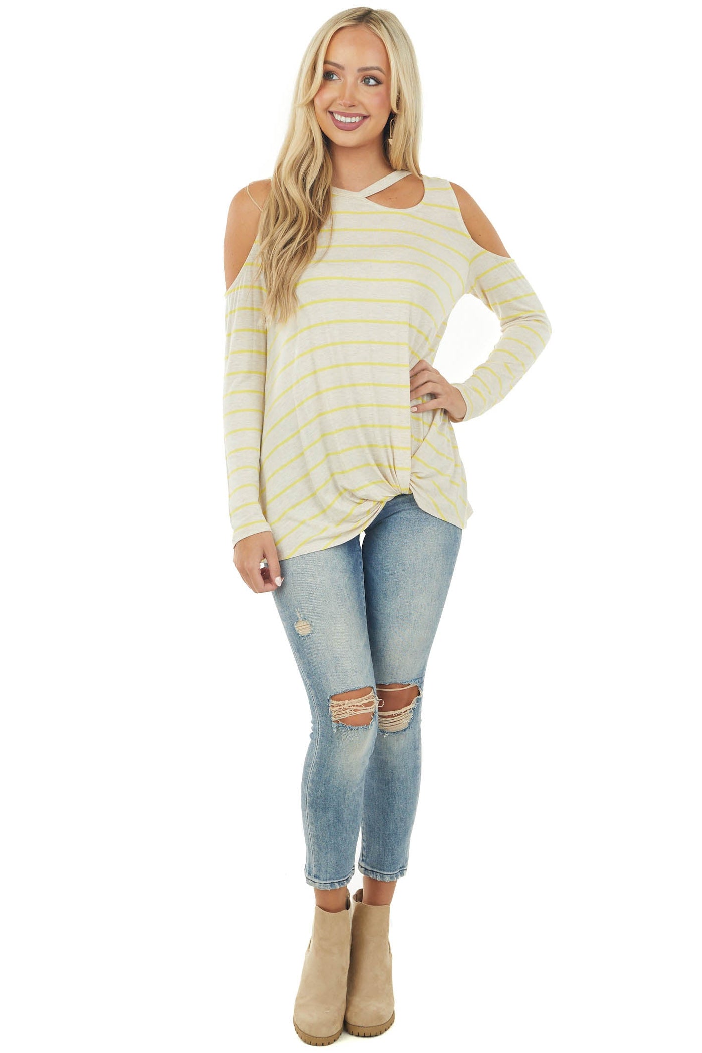 Oatmeal and Lemon Striped Cold Shoulder Top with Cutout Neck