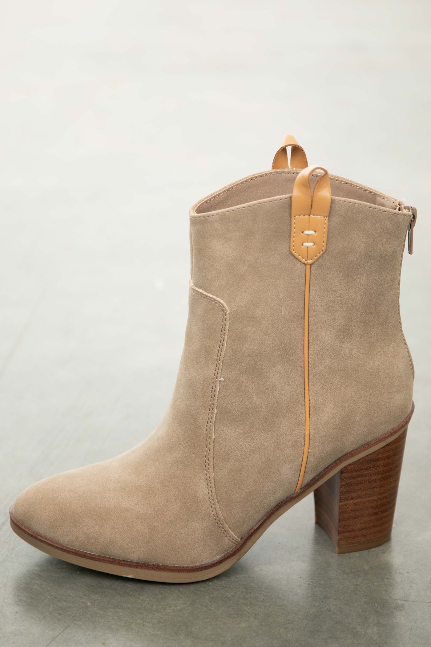 Oatmeal Suede Pointed Toe Block Heel Booties