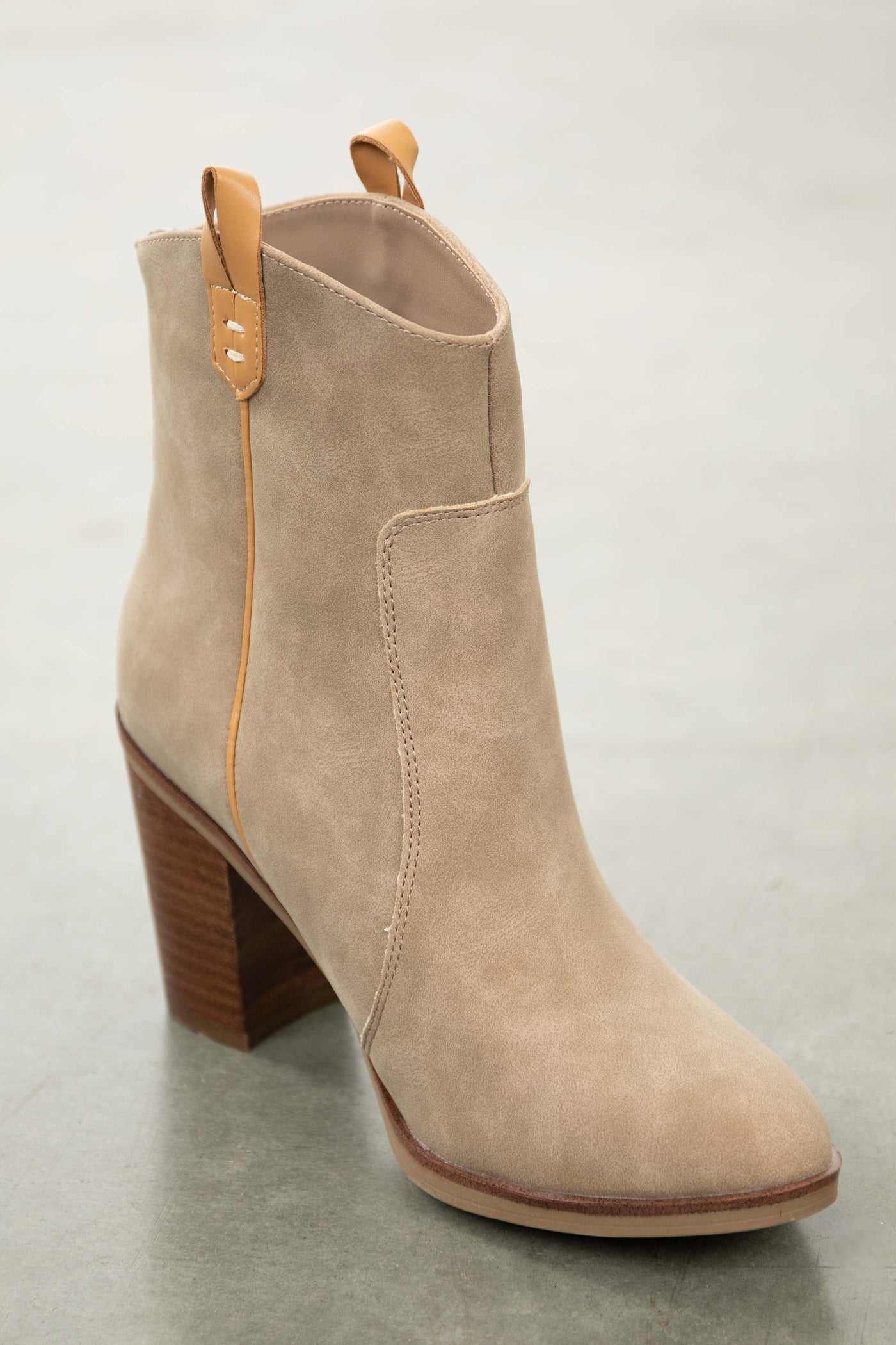 Oatmeal Suede Pointed Toe Block Heel Booties