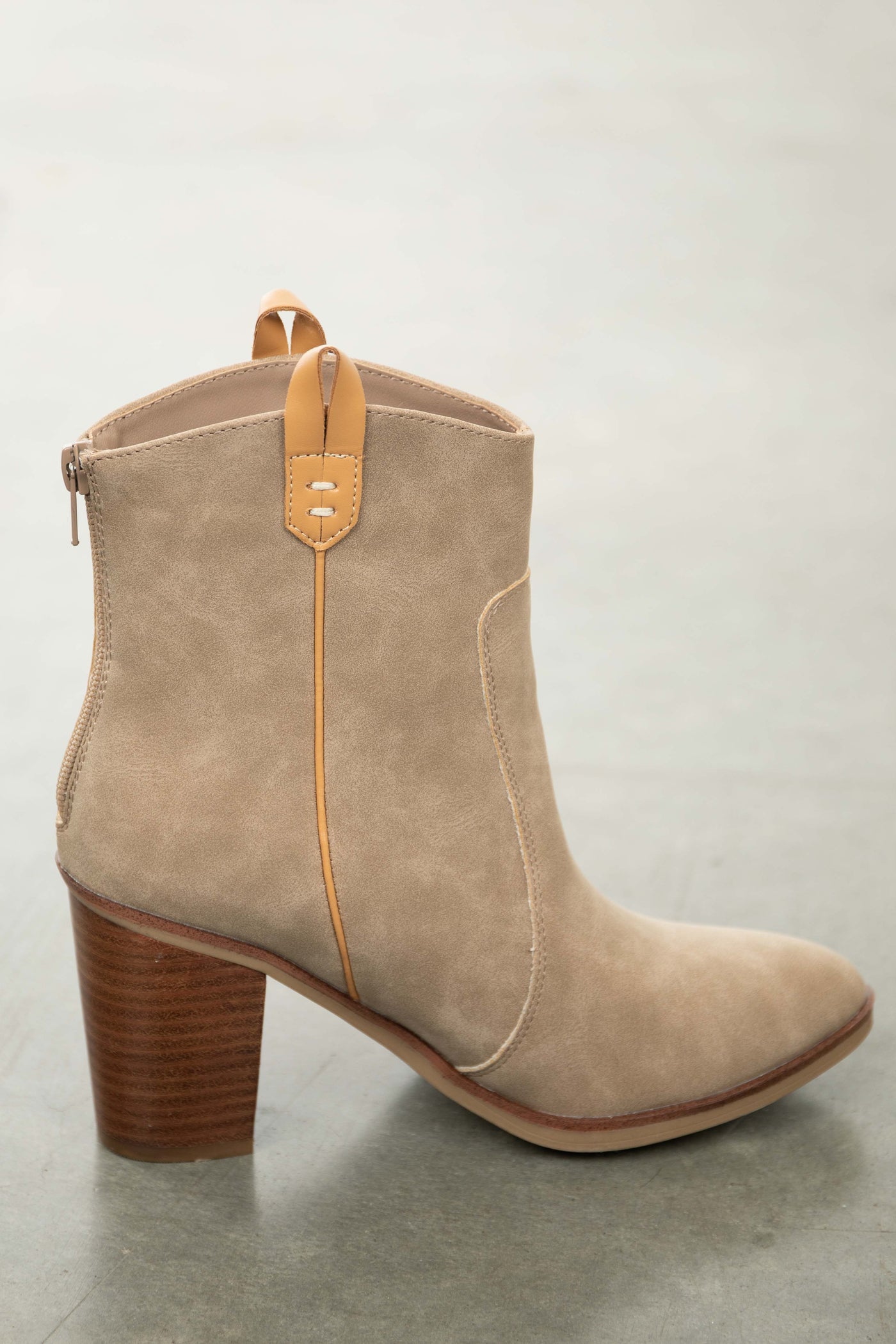 Oatmeal Suede Pointed Toe Block Heel Booties