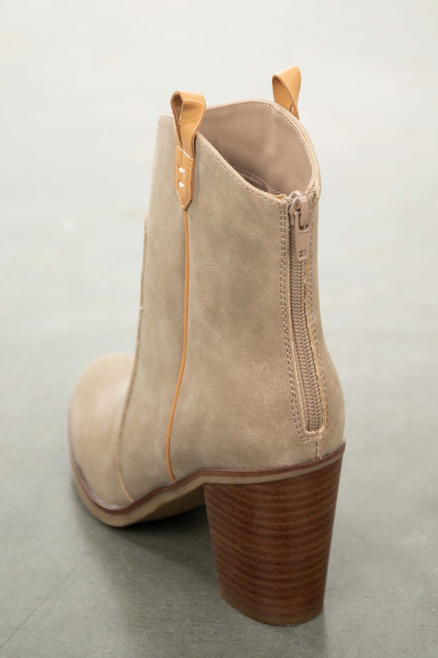 Oatmeal Suede Pointed Toe Block Heel Booties