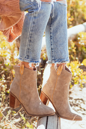 Oatmeal Suede Pointed Toe Block Heel Booties