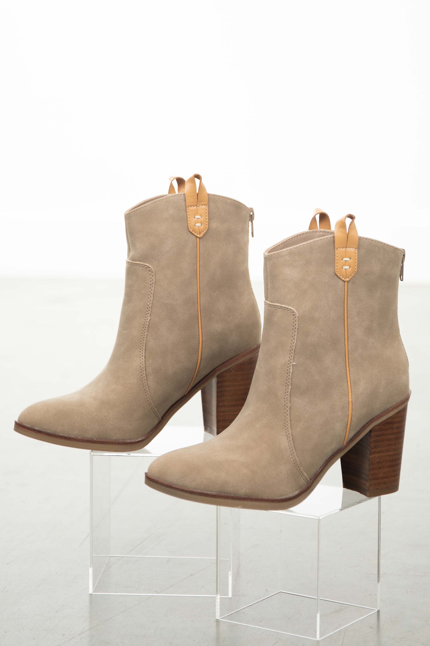 Oatmeal Suede Pointed Toe Block Heel Booties