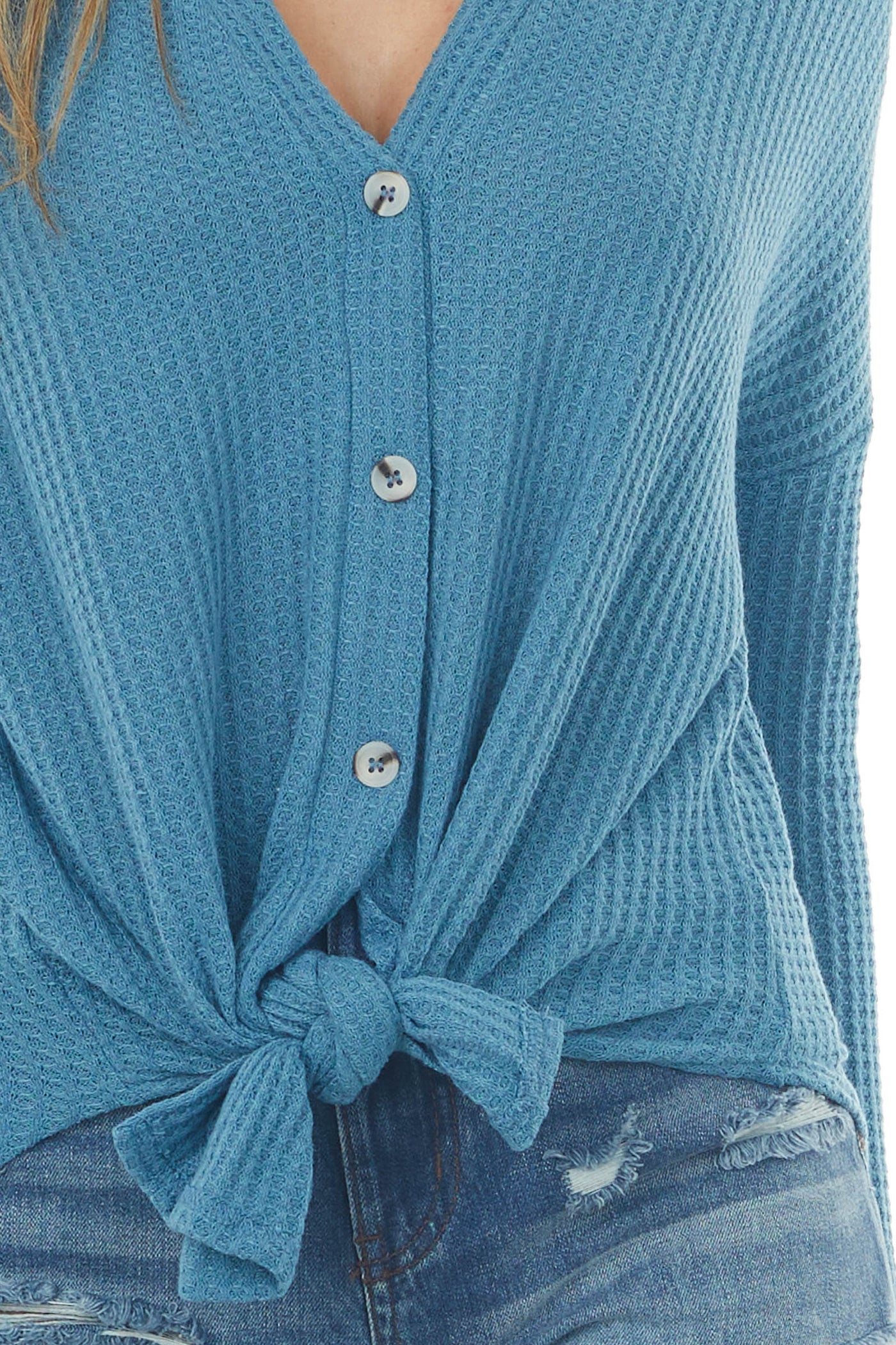 Ocean Button Up Long Sleeve Waffle Knit Top