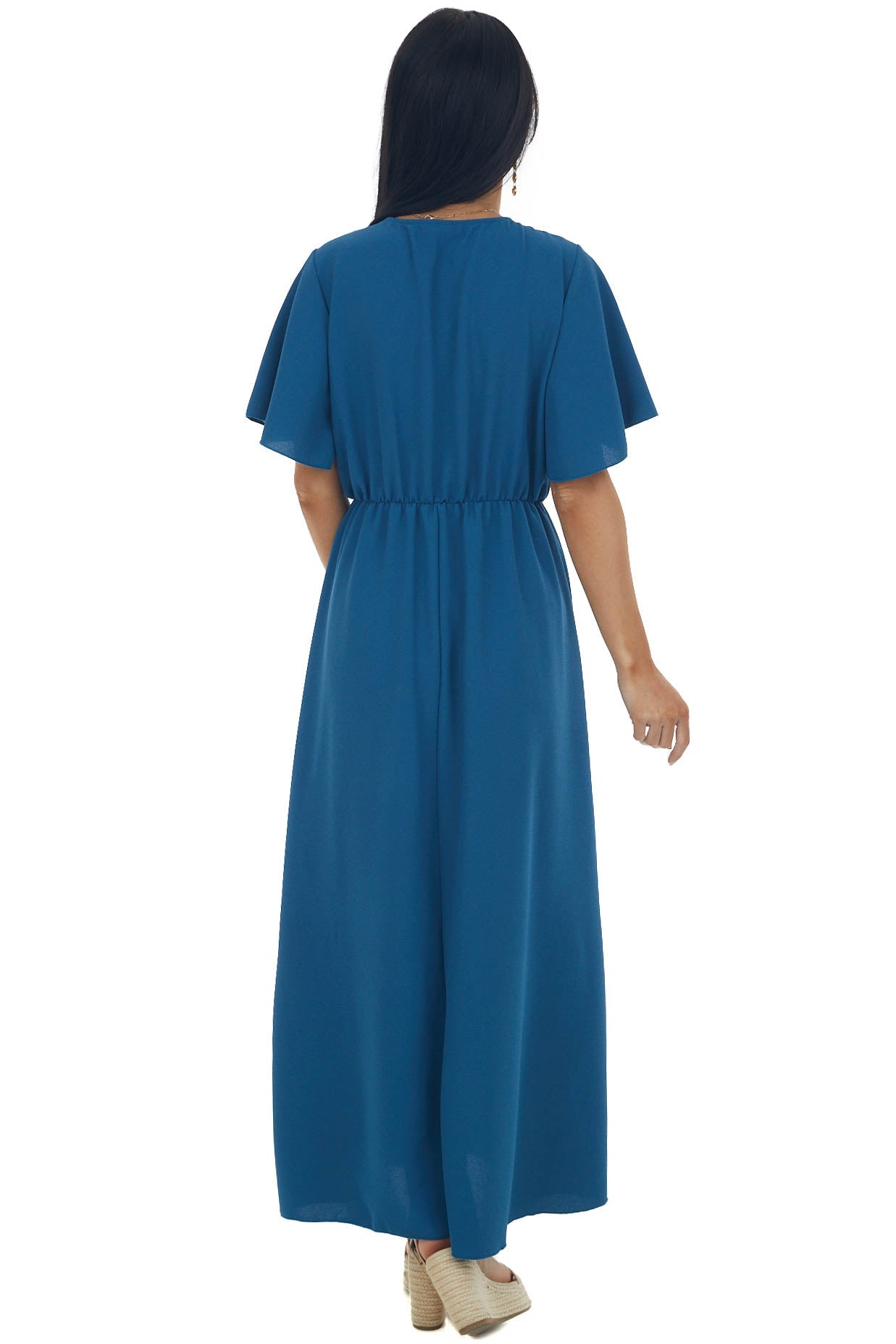 Ocean Cinch Waist Flutter Sleeve Maxi Dress