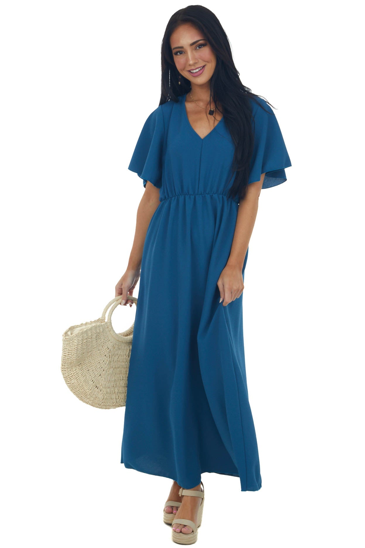 Ocean Cinch Waist Flutter Sleeve Maxi Dress