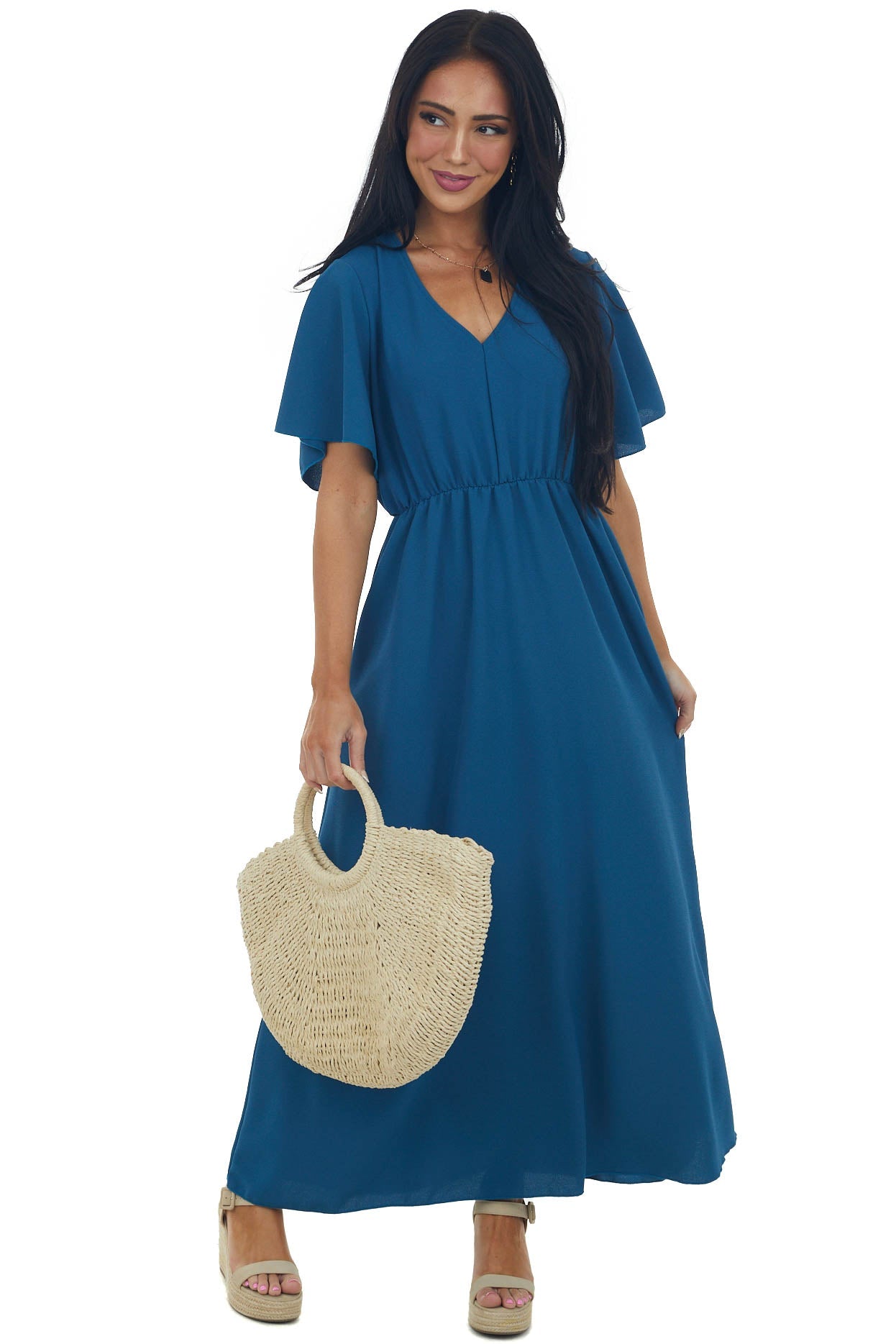 Ocean Cinch Waist Flutter Sleeve Maxi Dress
