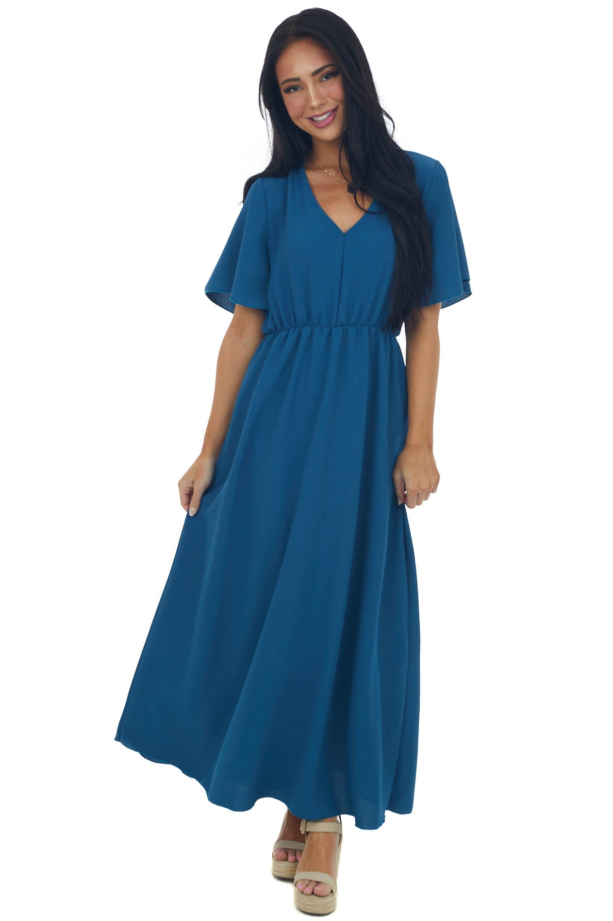 Ocean Cinch Waist Flutter Sleeve Maxi Dress