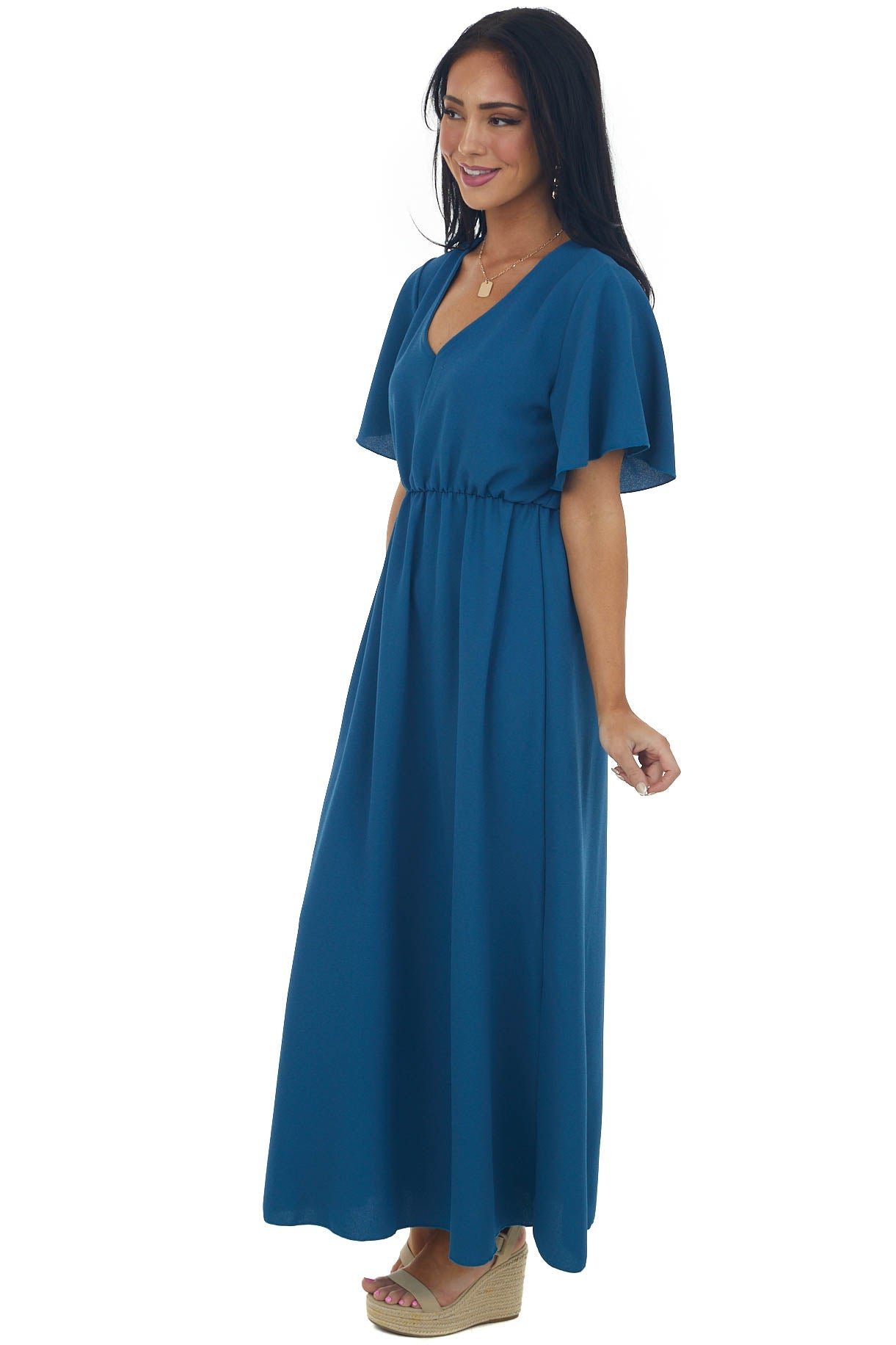 Ocean Cinch Waist Flutter Sleeve Maxi Dress