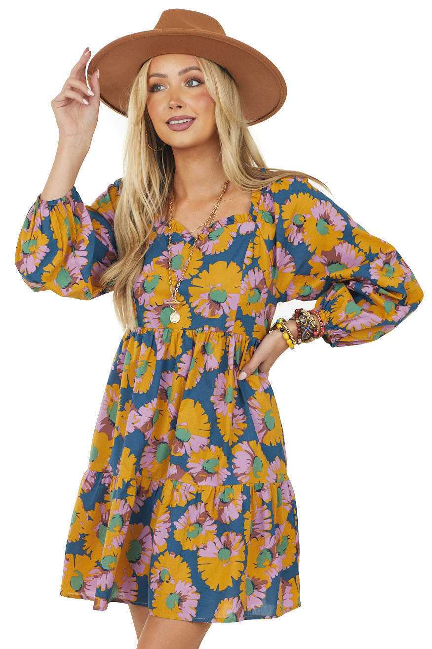 Ocean Floral Long Sleeve Sweetheart Neck Dress