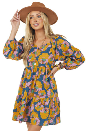 Ocean Floral Long Sleeve Sweetheart Neck Dress