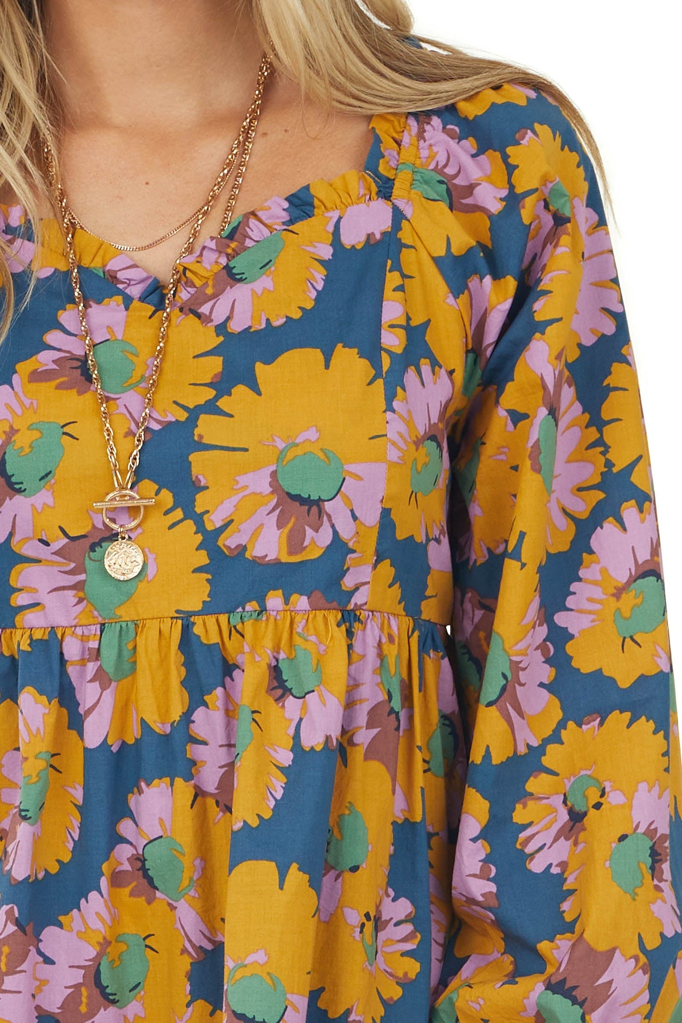 Ocean Floral Long Sleeve Sweetheart Neck Dress