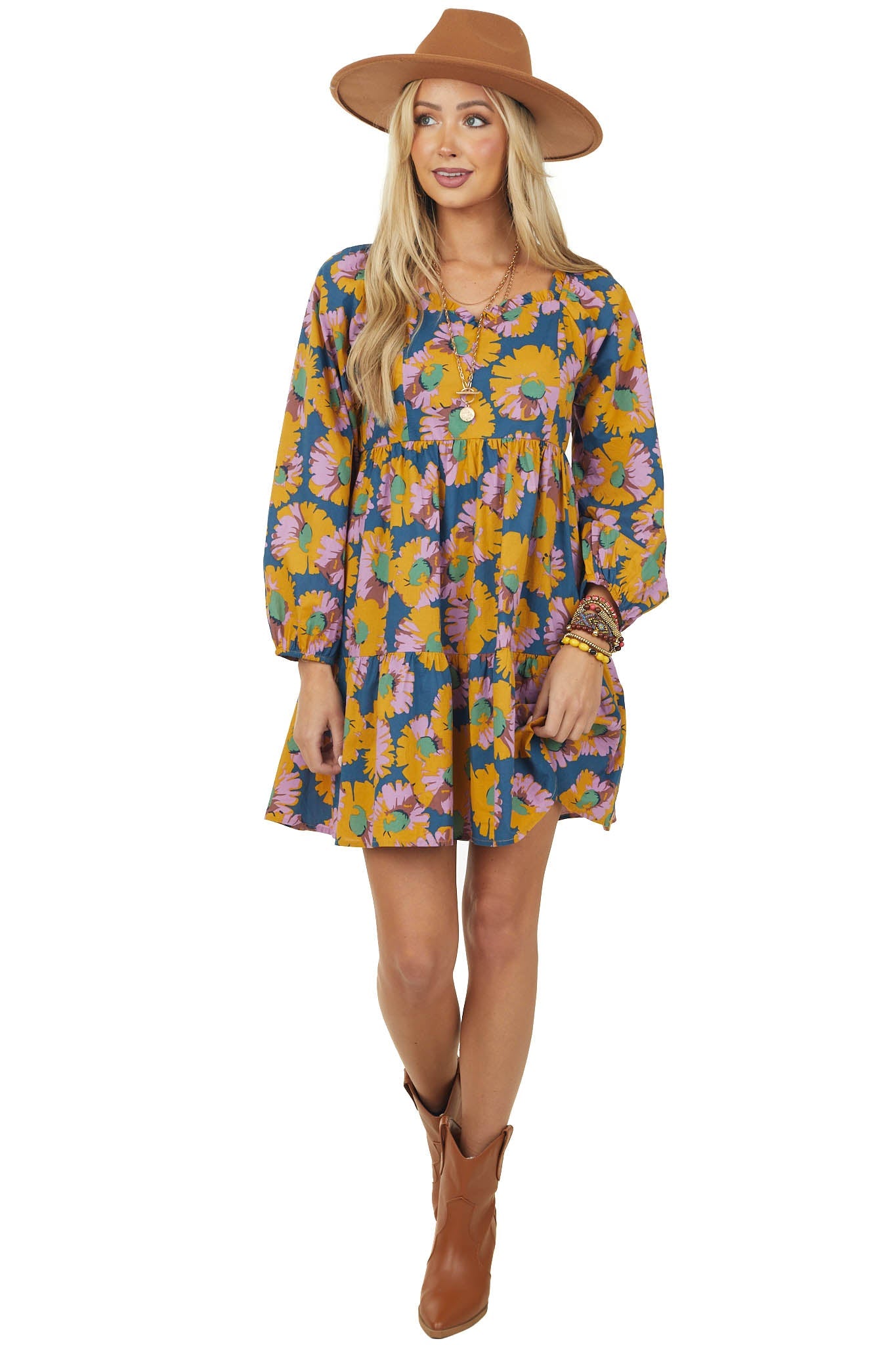 Ocean Floral Long Sleeve Sweetheart Neck Dress