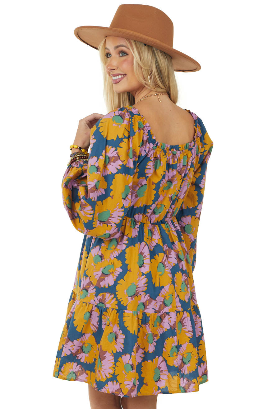 Ocean Floral Long Sleeve Sweetheart Neck Dress