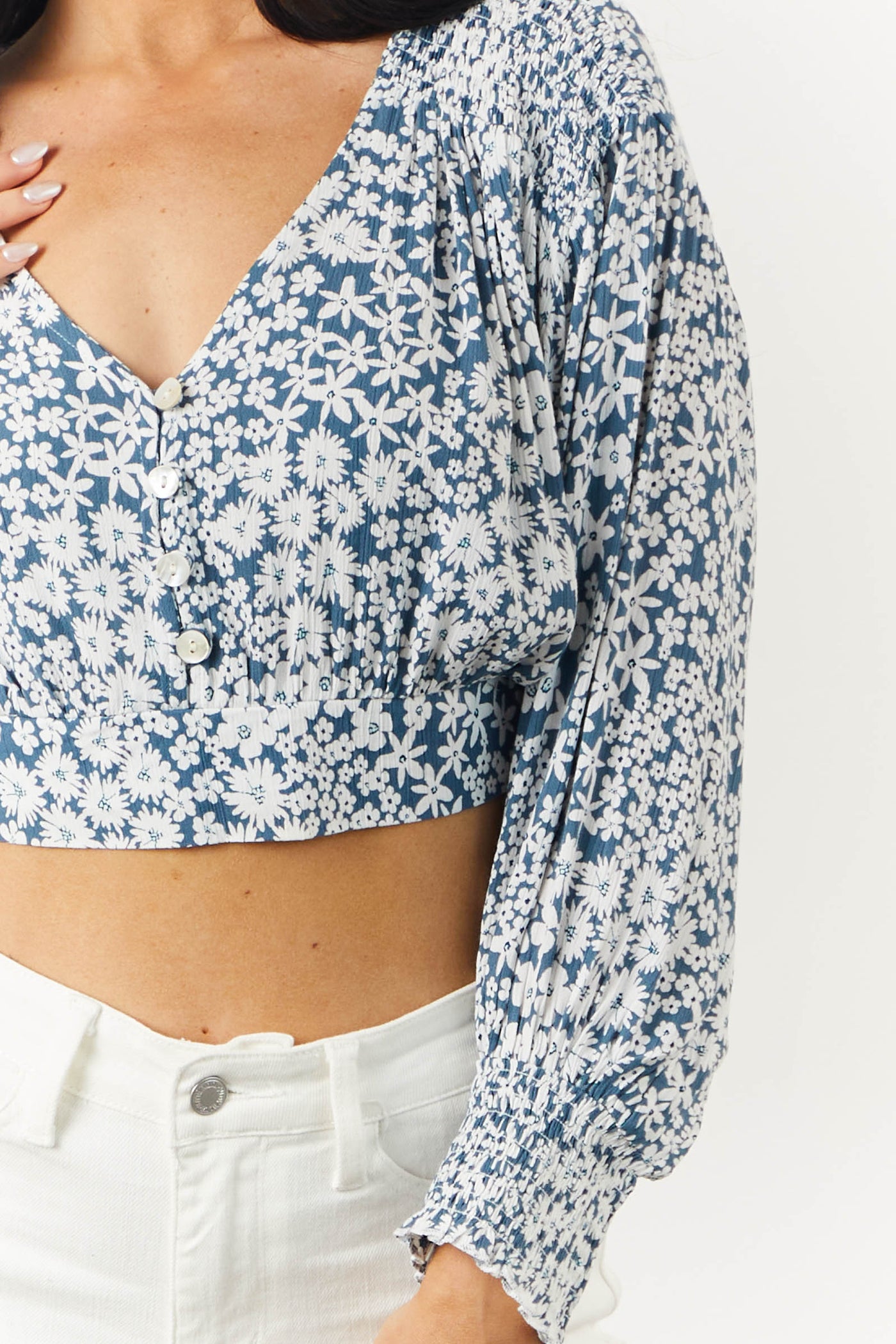 Ocean Floral Print Long Sleeve Cropped Blouse