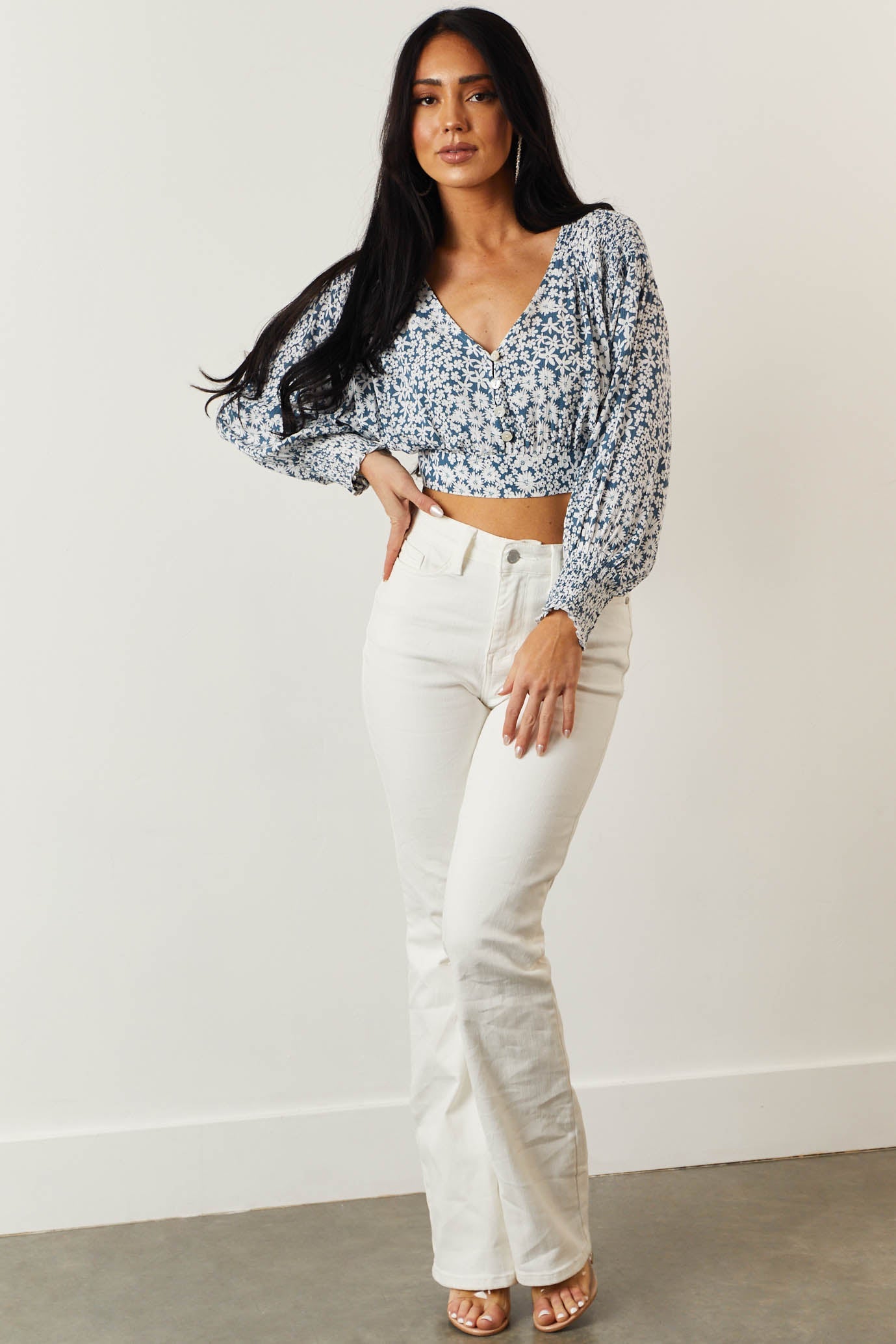 Ocean Floral Print Long Sleeve Cropped Blouse