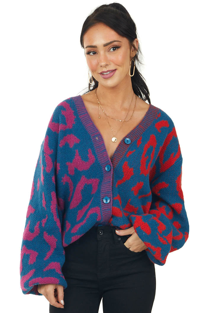 Ocean Leopard Print Long Sleeve Knit Cardigan