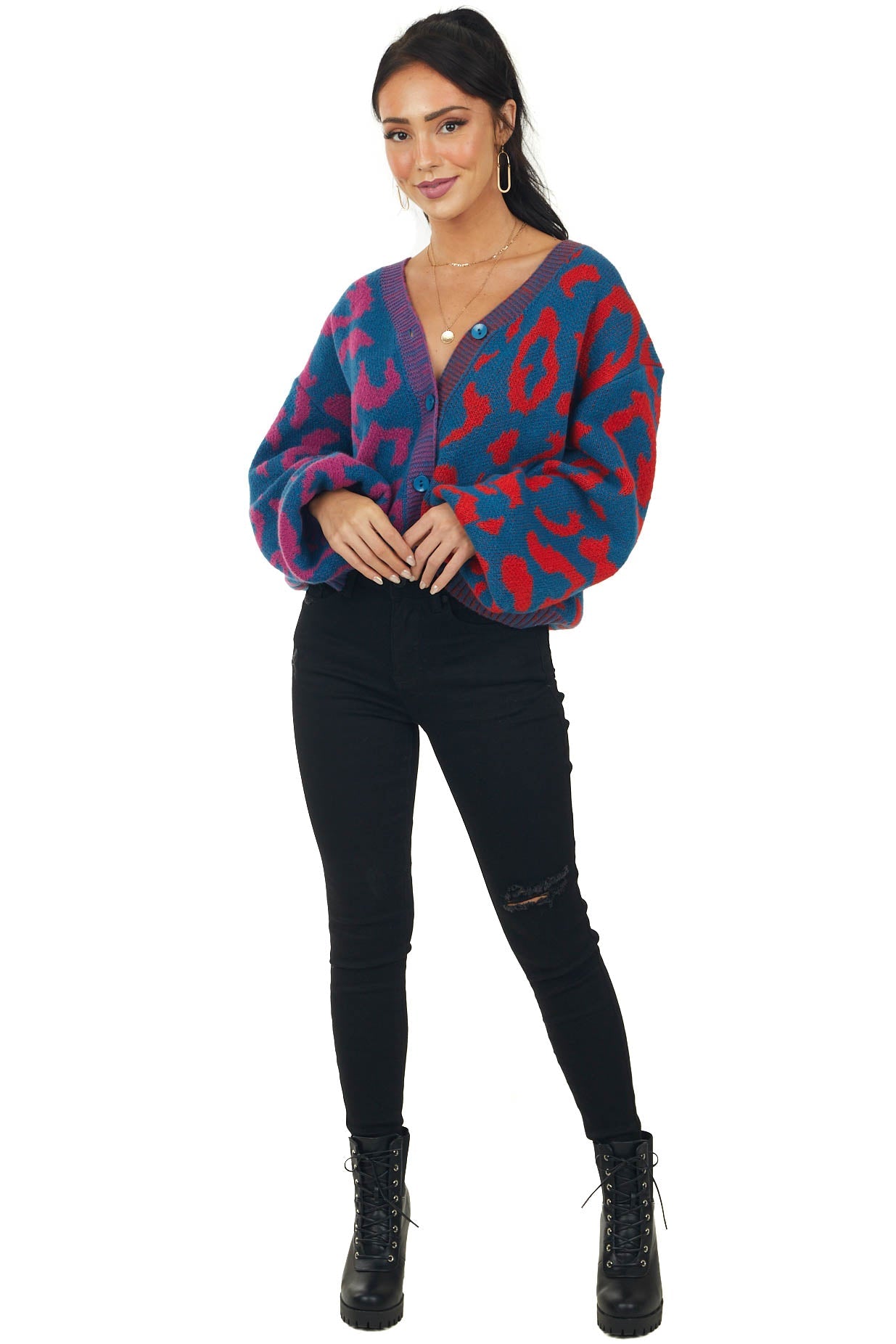 Ocean Leopard Print Long Sleeve Knit Cardigan