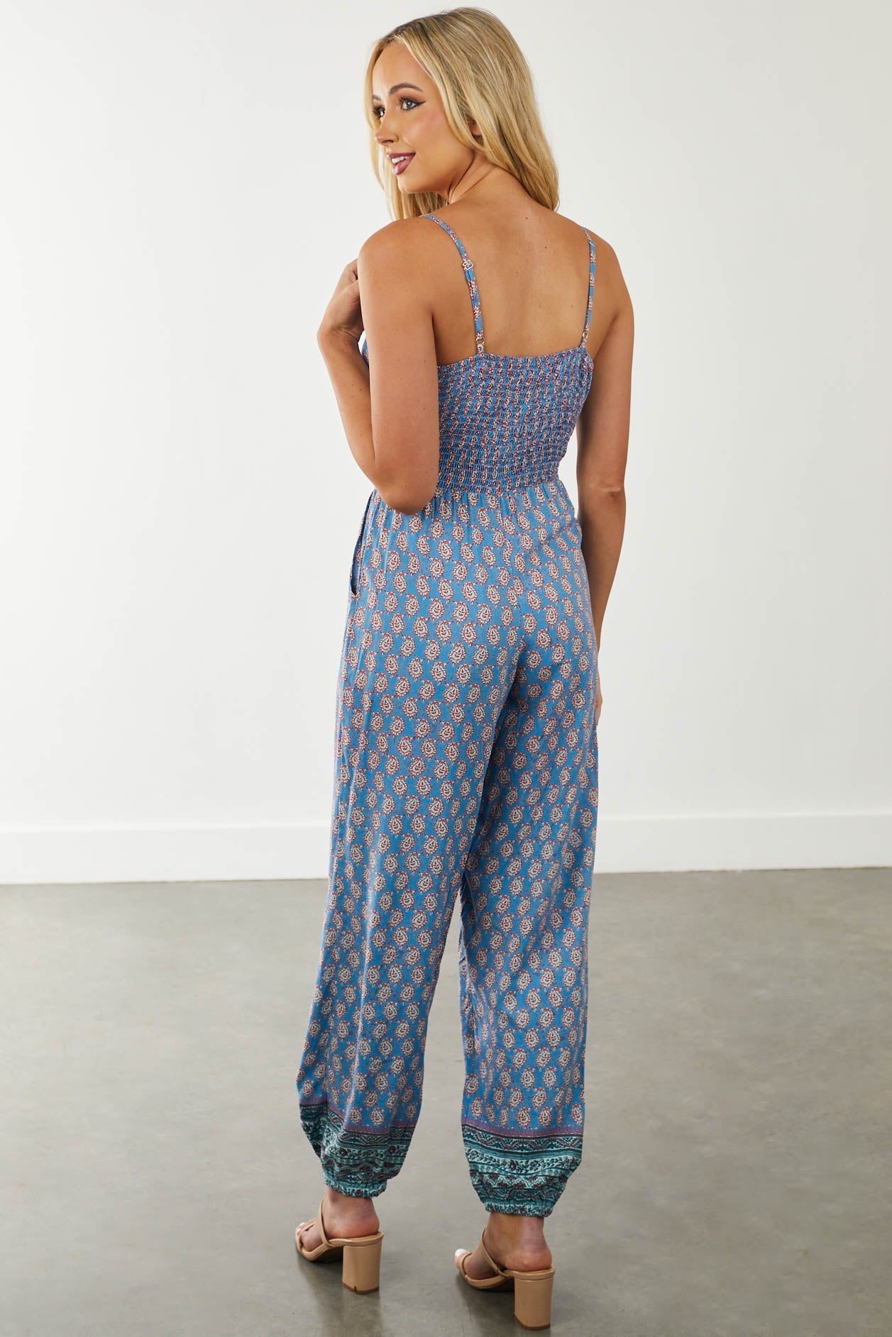 Ocean Paisley Print Front Knot V Neck Jumpsuit