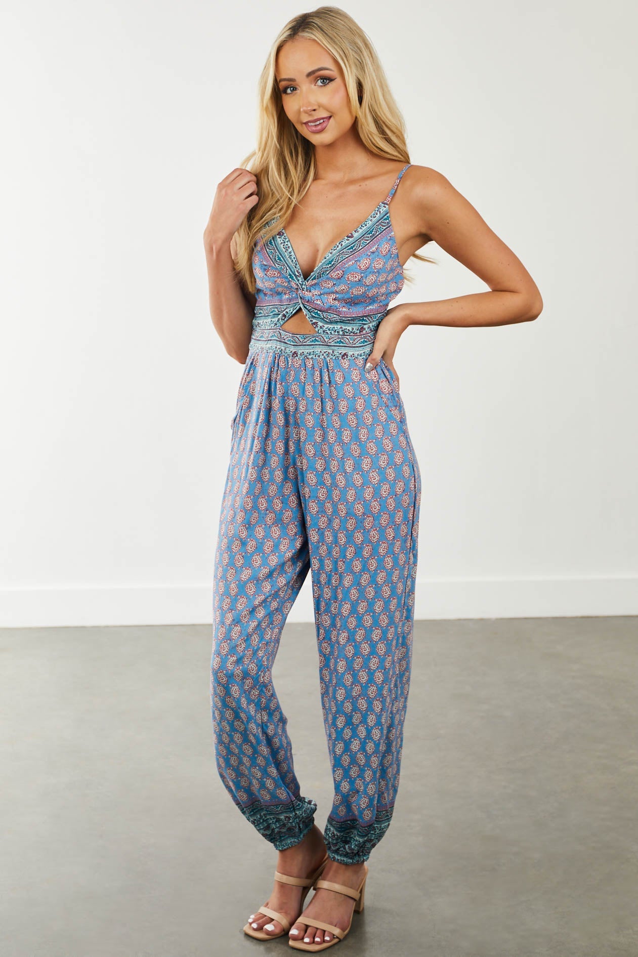 Ocean Paisley Print Front Knot V Neck Jumpsuit