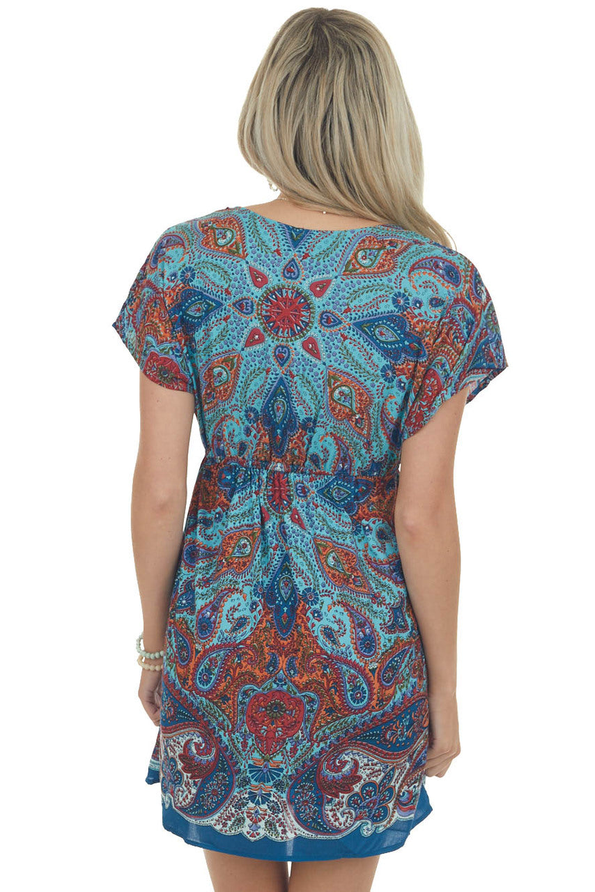 Ocean Paisley Print Kimono Sleeve Short Dress